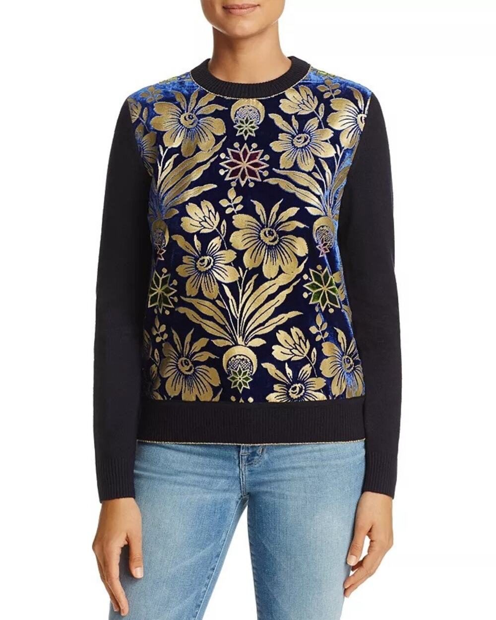 Tory Burch Hollis Floral Foil Print Velvet Front Navy Crewneck Sweater Size XL